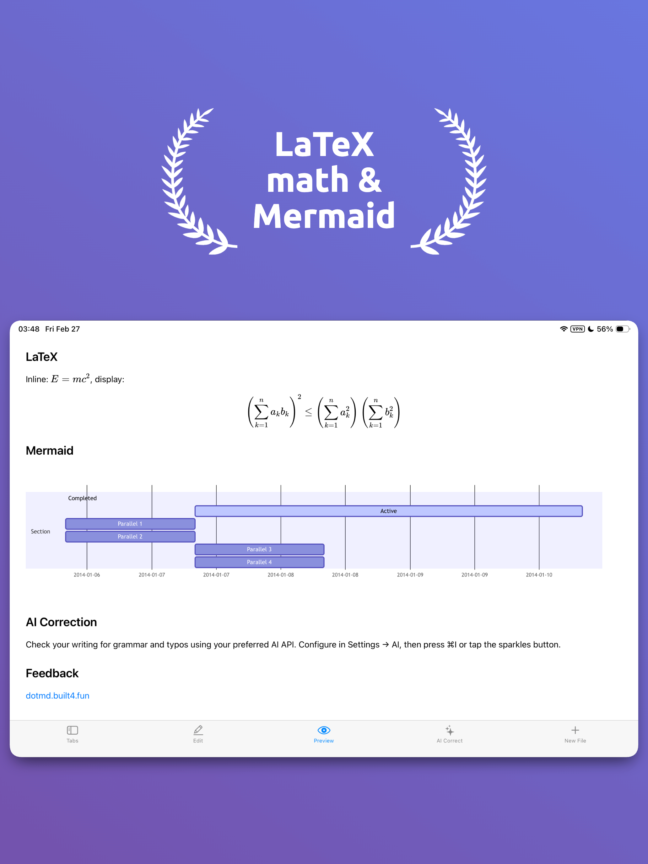 dotmd on iPad — LaTeX and Mermaid